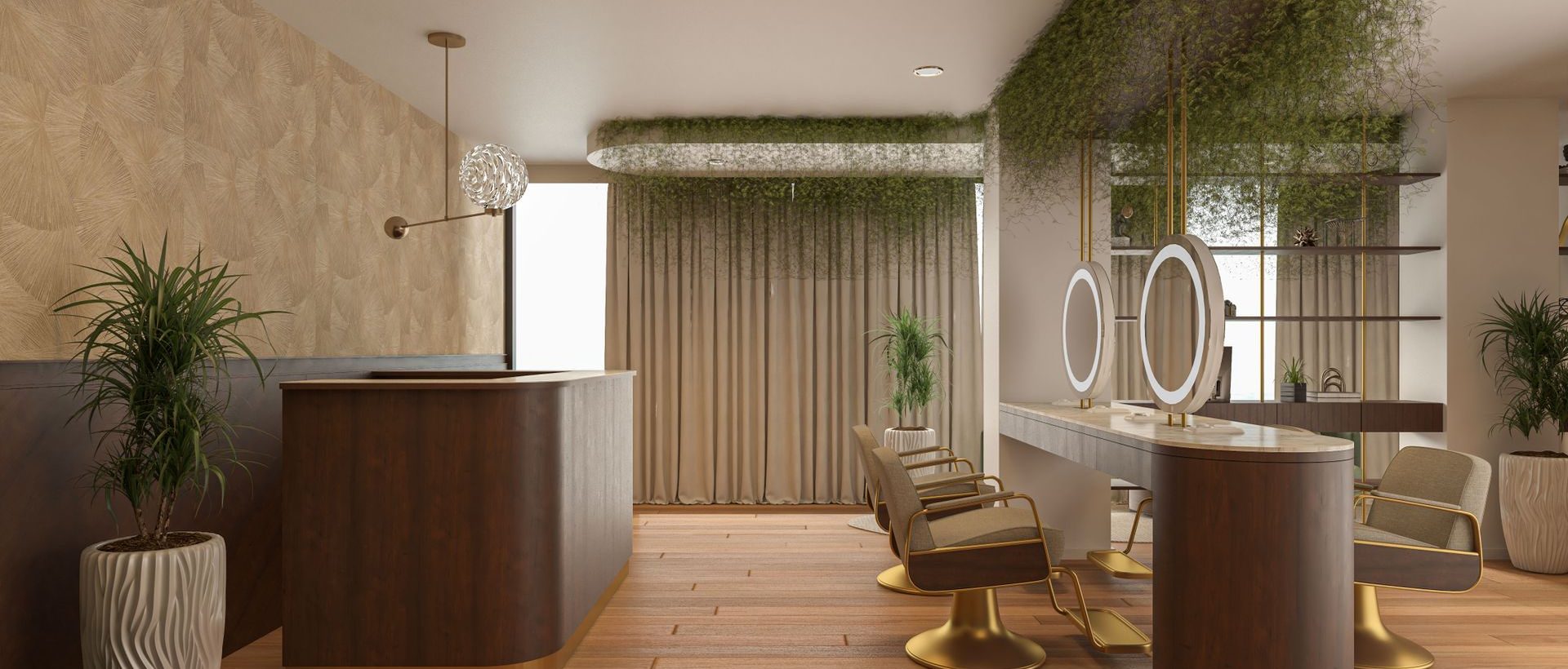 A calm modern salon with a reception desk, styling chairs and hanging greenery